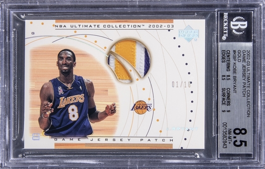 2002-03 Upper Deck Ultimate Collection "Game Jersey Patches" Gold #KBP Kobe Bryant Patch Card (#01/10) - BGS NM-MT+ 8.5